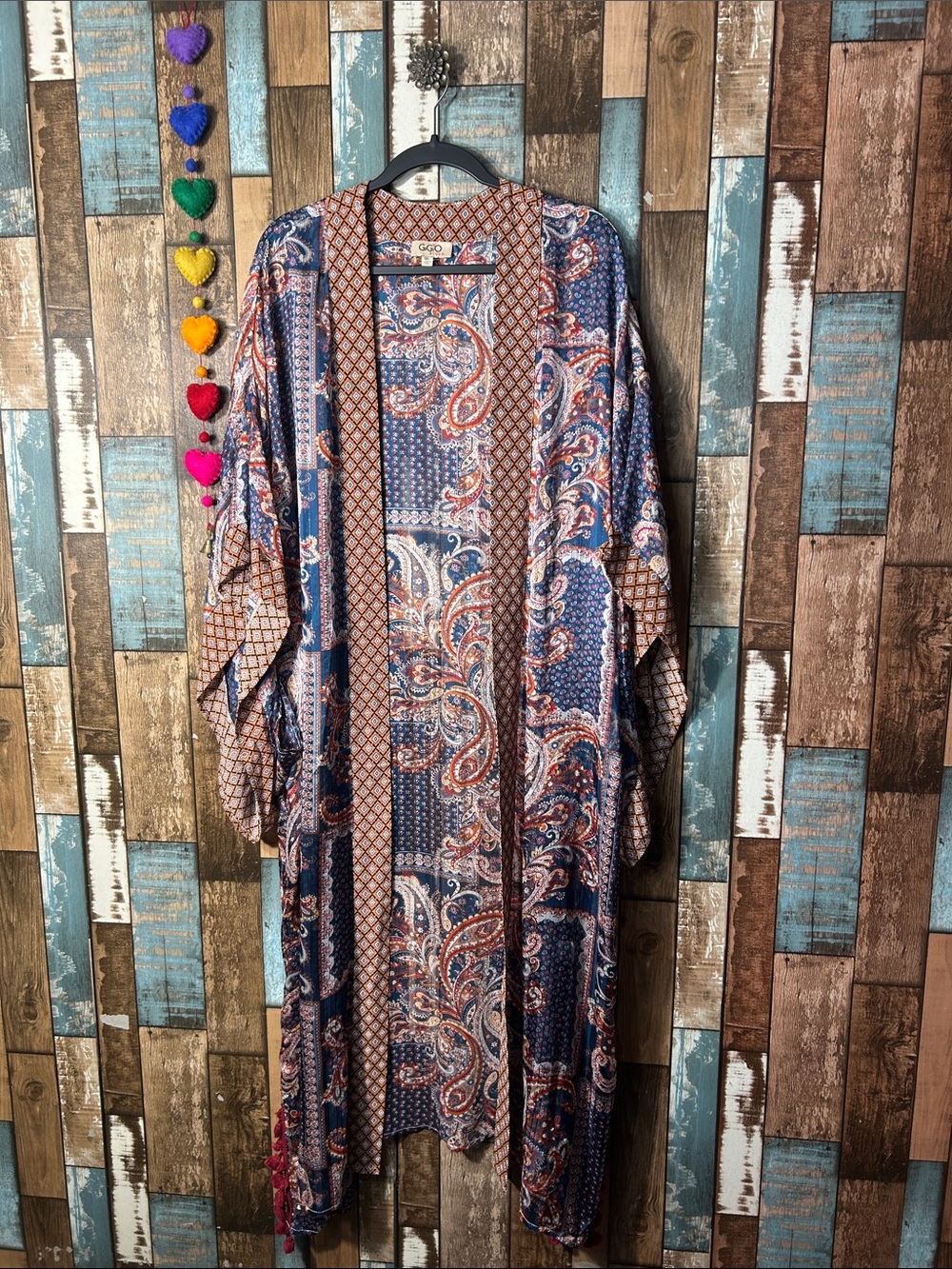 Gigi Paisley Print Open-Front Tunic Kimono - Blue & Brown